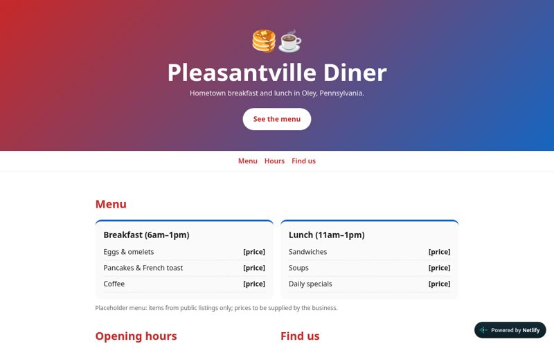 Pleasantville Diner concept homepage design by Lux Studio Co