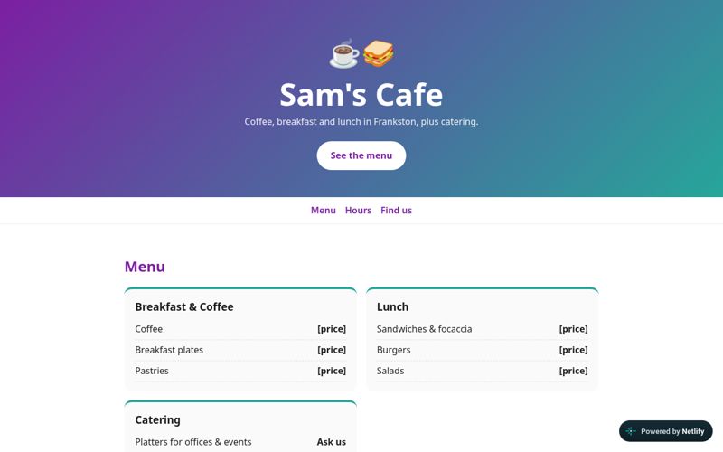 Sam's Cafe concept homepage design by Lux Studio Co