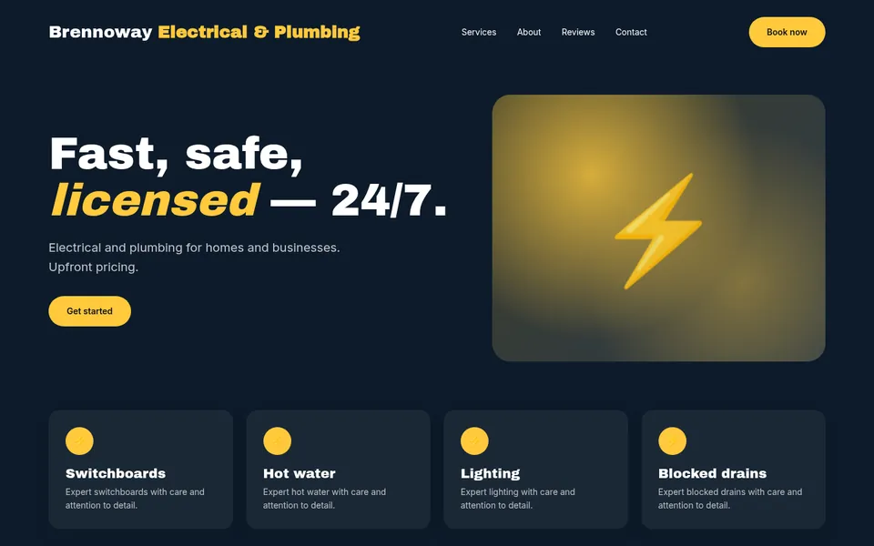 Brennoway Electrical & Plumbing fictional sample homepage: a Preston electrician and plumber concept with a bold headline and a Book now button