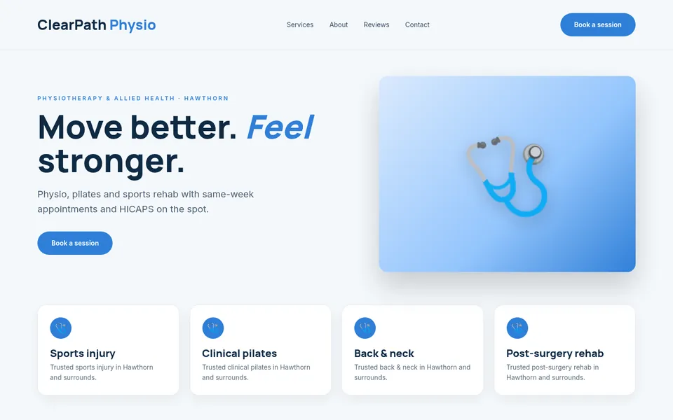 Clearpath Physio fictional sample homepage: a clinic concept with a calm headline, treatment list and a Book now button