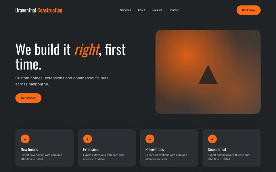 Draventhal Construction fictional sample homepage: a builder concept with a bold headline, project photos and a Get a quote button